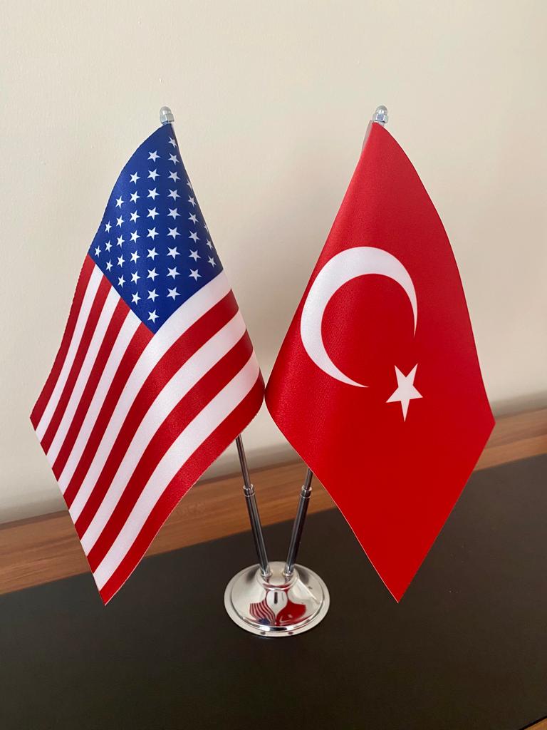 Amerika ve Türkiye Masa Bayrağı Krom Direkli